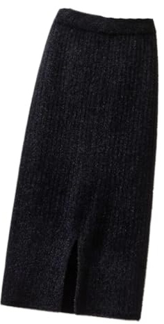 Falda De Punto De Las Mujeres - Falda De Terciopelo Femenina De Otoño E Invierno De Longitud Media De Punto De Un Solo Paso Falda Dividida Recta Gruesa Faldas Largas Sólidas Casuales Negro L