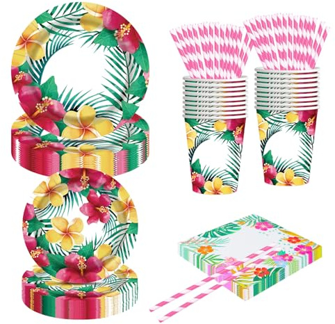 Moerstar Suministros para fiestas hawaianas, juego de vajilla de flores tropicales hawaianas con platos de papel Aloha, servilletas, tazas, mantel para decoración de fiesta de verano de Hawaii Luau