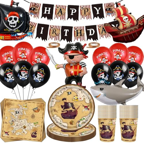 Pirater födelsedag dekorationsset, 80 stycken pirat festservis med stort piratskepp folieballong festtillbehörsset, piratpapperstallrikar koppar servetter banner ballong piratskepp skelett dekoration