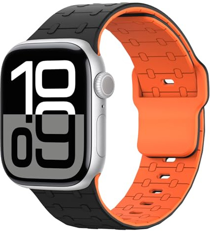 Astorgos Bandeau de Sport Compatible Avec Apple Watch Ultra 2/Ultra 49mm,S10 46mm,9/8/7 45mm,SE/6/5/4 44mm,3/2/1 42mm, Bande de Silicone Ajustable Brevet de Remplacement Respirant, Noir/Orange