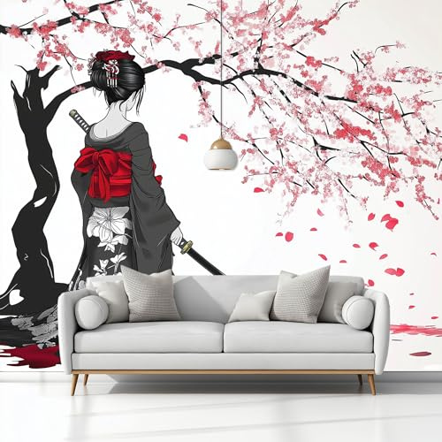Papier Peint Mural Chambre Style Japonais Cerisiers En Fleurs Geisha 350 x 256 cm Poster Geant Mural 3D Tableaux Muraux Tapisserie Photo, Salon Chambre d'enfants Mur de Fond Papier Peint Panoramique