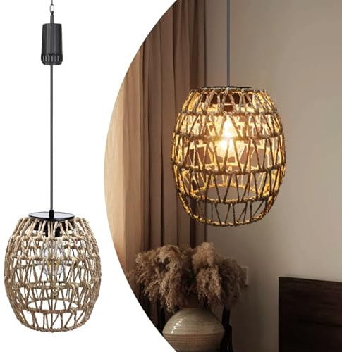 pearlstar Battery Operated Pendant Light, Battery Powered Outdoor Lights Waterproof, Hanging Lanterns for Outside with 6 Hours Timer, Rattan Pendant Light for Garden Gazebo Porch Patio