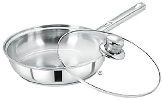 Nobel Triply Stainless Steel Cookware Frypan with Vent Glass Lid, Steel Pan, 2.5 mm Thick,Induction & Gas Stove Compatible Omelette Pan, Egg Pan, (24cm. Dia - Glass LID)