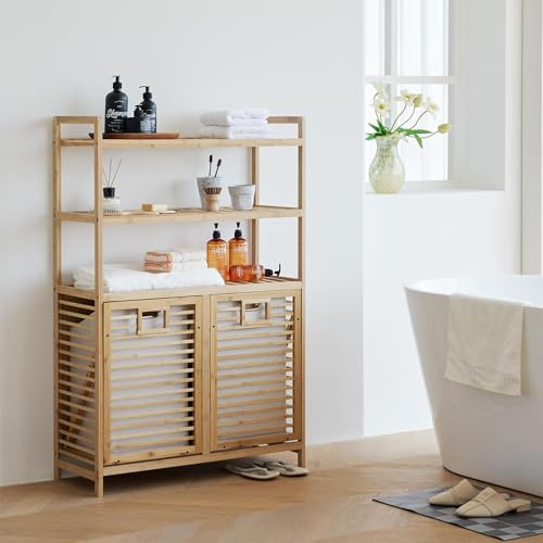 Baveke Double Tilt Out Laundry Hamper, Bamboo Hamper with 2 Removable Bags, Pull Out Laundry Hamper Cabinet, Bathroom Storage Shelf for Laundry Room, Living Room, 3-Tier(FSC-Certified Bamboo)