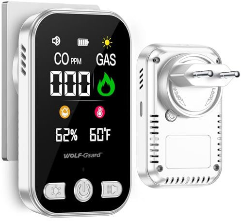 Wolf Guard 4 in 1 Rilevatore di Gas e Monossido di Carbonio con Spina per Casa, Rivelatore di Gas Combustibile per Gas Naturale LPG Metano Propano Butano, con Batteria, HD12-CG (bianco) (bianco)