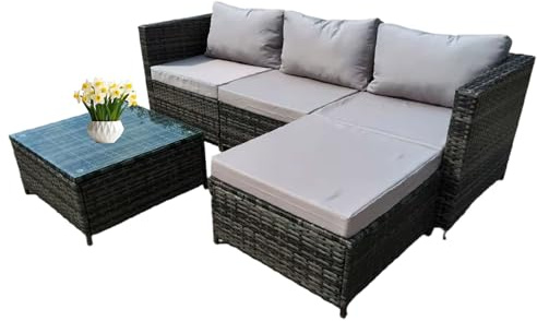 Grennswick 4-Seater All-Weather Rattan Corner Sofa Set w/Tempered Glass Coffee Table, Ottoman - L-Shaped Patio Garden Furniture (Mix Grey Rattan+grey Cushion)
