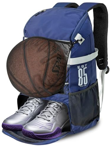 KINGSLONG Basketball Rucksack Fussball Bag: Große Kapazität Softball Tasche mit Schuhfach und Zaunhaken leichte Volleyball Softball Ausrüstung für Helme Hüte Schuhe für Jungen Herren Blau und weiß