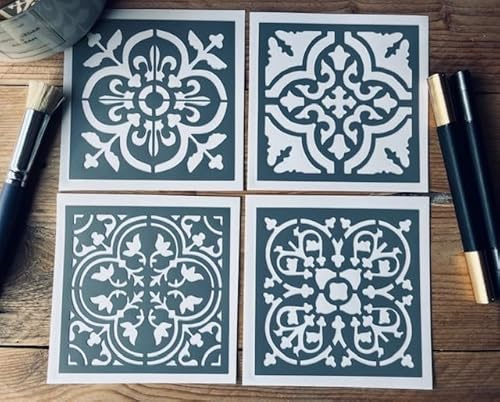 Pochoirsdeco.fr - Set de 4 Mini Pochoirs Décoratifs en PVC, Motif Carrelage et Faïence, Style Carreau de Ciment, 10 x 10 cm, Auto-adhésif pour Cuisine, Salle de Bain, WC