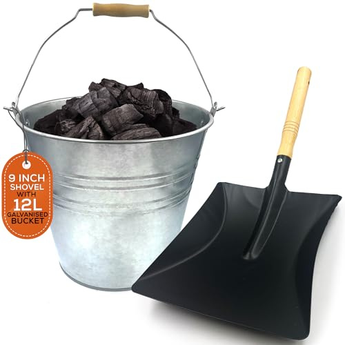 Galvanised Metal Bucket with 9 Inch Shovel - 12L Pail With Wooden Handle - Heavy Duty Coal Scooper and Galvanised Metal Scuttle Suitable For Ash, Fire, Coal, or Garden Use (Bucket with Shovel)