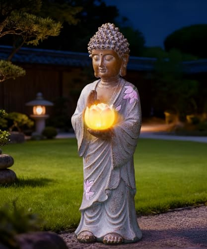 Goodeco Statue de Bouddha solaire avec lotus rose 28 cm Décoration de jardin | Décoration zen debout pour terrasse, cour, porche, cadeaux pour femmes et hommes, méditation blanche