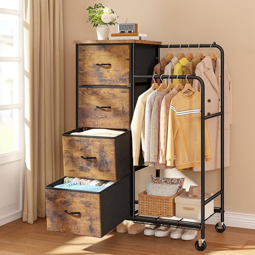 Cliporix Tall 4-Drawer Chest of Drawers with Hanging Rail, Rustic Brown