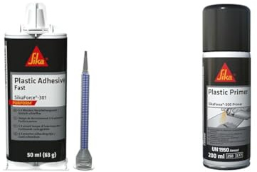 Bundle SIKA - 2k Kunsstoff-Kleber und Haftvermittler für das Auto - SikaForce-301 Fast schwarz 50ml - SikaForce-300 Primer transparent 200 ml Spraydose - Kunststoffkleber Polyurethan