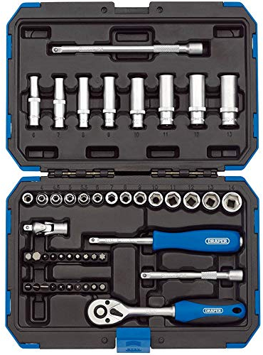 Draper 1/4 47 Piece Square Drive Metric Socket Set | Micrometre Reversible Hand Tool |Soft Grip Ratchet | 21 Metrics Sockets Mechanics Car Tools | Professional Plastic Storage Case | 16355