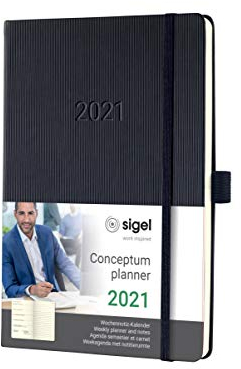 SIGEL C2114 Terminplaner Wochen-Notizkalender 2021, ca. A5, schwarz, Hardcover mit vielen Extras, Conceptum - weitere Modelle