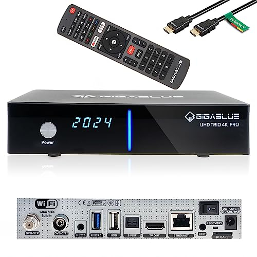 GigaBlue UHD Trio Pro 4K Box Récepteur satellite DVB-S2x DVB-C2 DVB-T2 avec disque dur 400 Go et câble HDMI Babotech [2160p, PVR, HDMI, fente pour carte SD] – Noir