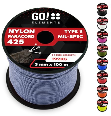 GO!elements 100m Paracord rope made of tearproof nylon - 3mm Paracord 425 type II lines as outdoor rope, all-purpose rope, survival rope, bracelet, dog leash - nylon line max. 192kg, Color:Gray-Blue
