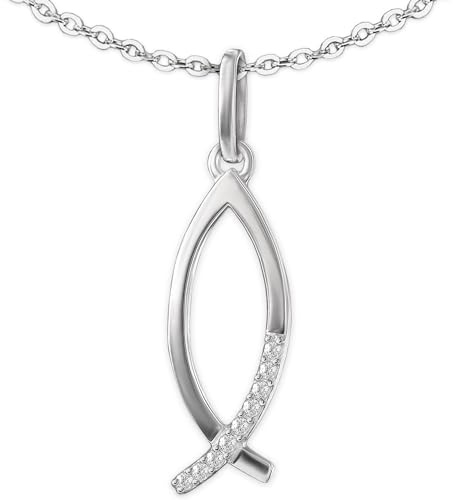 CLEVER SCHMUCK Halskette silberner Damen Ichthys Anhänger 18 mm Form Fisch Symbol viele Zirkonia Kette Anker 45 cm Sterling Silber 925 im Schmucketui creme