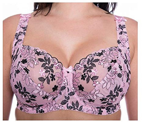 Gem Women's Full Cup Lace Embroidered Plus Size Underwired Bra (Pink-Black, 34F)