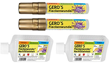 Gero´s Fleckenwunder® Stift Set Groß - 2x Stift 25ml + 2x Nachfüllpack 250ml + 4x Ersatzspitze - Für Privat und Gewerbe