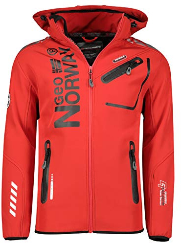 GEO NORWAY ROYAUTE MEN - Chaqueta Softshell Impermeable Hombre - Capucha Transpirable Exterior - Chaqueta Cortavientos Invierno - Actividades Aire Libre (A - Rojo / Negro - XL)
