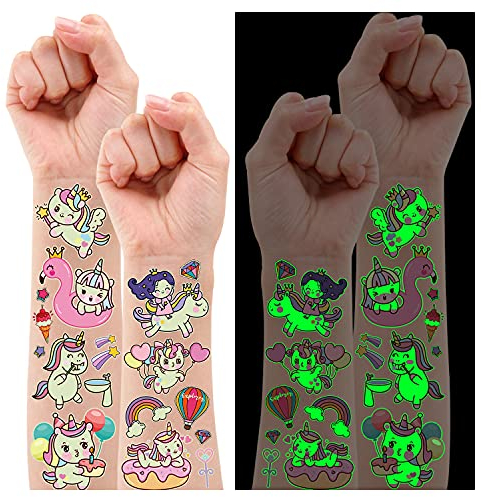 Leesgel Unicornio Tatuajes Temporales Niñas, 12 Hojas Luminosas Pegatinas Infantiles Pegatinas Unicornios para Niñas, Relleno Piñatas Detalles Regalos Cumpleaños Niños