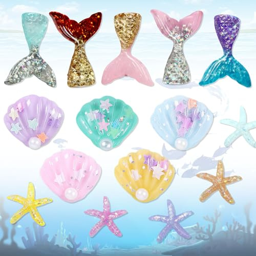 Widream 15 Stück Deko Muscheln, Harz Mini Seesterne | Meerjungfrauenschwanz Ornament, für Landschaft Aquarium, Raumdekoration, Hochzeit, Halskette DIY Kunsthandwerk