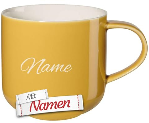 ASA Coppa Kaffeetasse mit Namen, personalisiert mit Gravur, Porzellan Henkelbecher mustard/gelb 0,4L – Geschenk für Mama Papa Freundin Freund, Geburtstag, Weihnachten, Valentinstag, Hochzeit, Einzug