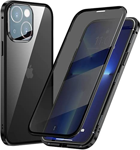 Hkess Anti-Peep Magnetic Adsorption Case for iPhone 13 Mini Metal Bumper Privacy Magnetic Case Double Tempered Glass Anti Spy 360 Degrees Full Screen Protection Flip Privacy Cover, Black