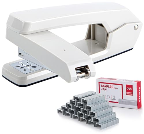 Deli/EZWORK Schwenkarm-Hefter, 25 Blatt Kapazität, 360 Grad drehbar, Schreibtischhefter mit 1000 Heftklammern für Heft- oder Buchbindung, Weiß