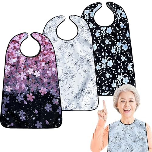 VOPHIA Lot de 3 bavoirs lavables et imperméables pour femme avec attrape-miettes en option Motif fleurs de cerisier