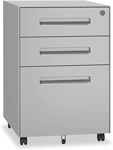 Dripex Metall Rollcontainer Stahl Rollcontainer mit 3 Schubladen und Hängeregistratur Abschließbarer Büroschrank Bürocontainer 5 Räder Aktenschrank 39 x 45 x 60 cm