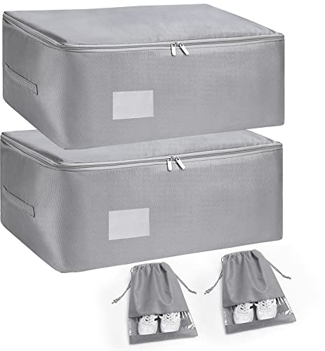 Clothes Storage Bags with Zips - 2Pcs 50L Under Storage Bag with Lids Foldable Thicken Packing Box Organizer with Reinforced Handles Moving Packing Totes Bag for Quilt Blankets Bedding Cushion, Grey