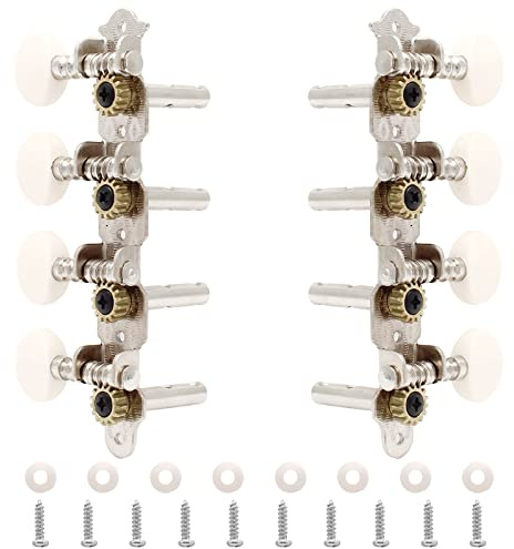Jiozermi 2Pcs Guitar Tuning Pegs, 4L+4R String Tuning Pegs Keys Machine Heads for Mandolin and 8 String Guitars Instruments with Nickel Plated Finish and White Buttons