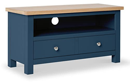 Farrow Navy Blue Small TV Unit for Living Room | Roseland Furniture Fully Assembled 90 cm Painted Solid Wood Television Cabinet Stand with Oak Top Suitable for TVs up to 40 inches