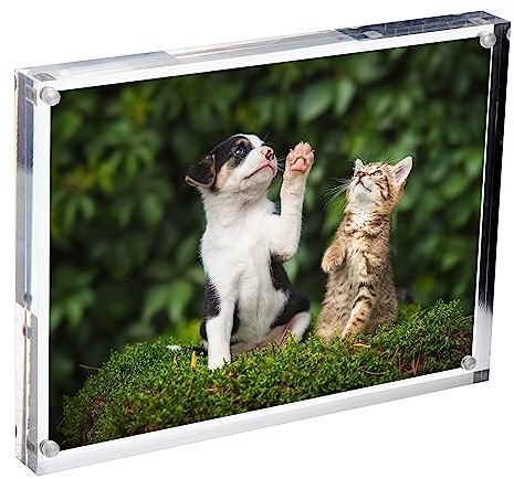 BTSKY 6 * 8 inch Clear Acrylic Magnetic Photo Frame - Double Sided Clear Tabletop Frameless Picture Frame, Thick Frameless Block Display Stand