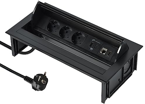 Electraline 62577 Regleta Base Múltiple retráctil para escritorio/mesa Toma empotrada con 3 tomas Schuko + 2 USB 3.1A (1 tipo A + 1 tipo C) 15.5W, 1 Toma RJ45, 1 Toma HDMIm, cable 2M