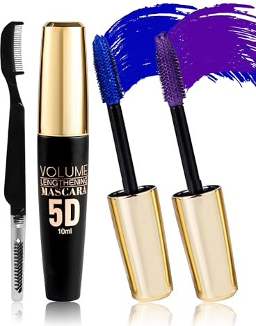 Blau Lila 5D Telescopic Mascara, 2Pcs Volumen Wimperntusche Bunt Wasserfest | Blue Purple Silk Fiber Mascara Wischfest, Volumen und Länge, Langanhaltende Curling Wimperntusche Makeup für Cosplay Party