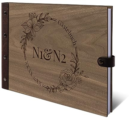 Personalisiertes Hochzeit Gästebuch echtes Holz DIN A4 Hochzeitsbuch mit Lasergravur - Blumen Initialen - mit 72 Blatt / 144 Seiten Naturpapier Weiß