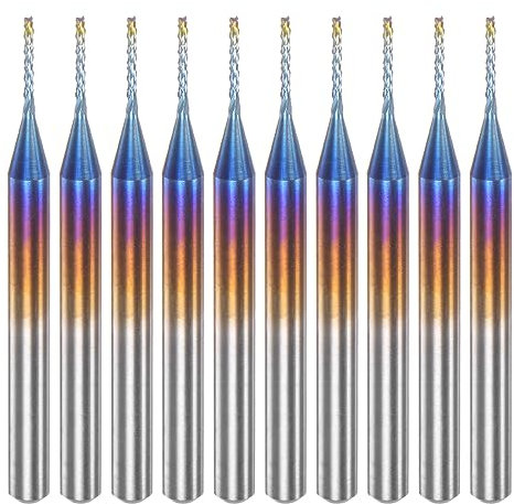 uxcell 10pcs End Mills CNC Router Bits 1/8 Shank 0.8mm Blue Coated Tungsten Carbide Milling Cutters for PCB Acrylic Wood Aluminum Metal