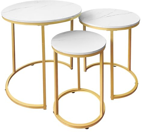 AT-VALY Nesting Tables Coffee Table Set of 3,Round Side Table Small Accent Table for Living Room,Bedroom Apartment (Gold)