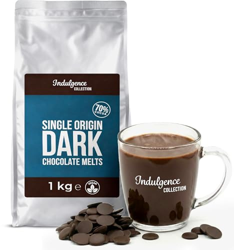 Indulgence Collection Dark Chocolate Melts, 1kg - 70% Cocoa. Hot Chocolate Buttons for Quick and Luxurious Dark Hot Choco Drink - Single Origin and Vegan - Resealable Bag