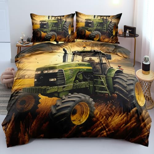 Nyescasa Traktor Bettwäsche 135x200 Jungen Kinder Bettwäsche Grün Gelb 3D Trecker Gedruckter Muster Wendebettwäsche Weich Mikrofaser Bettbezug mit Reißverschluss und Kissenbezug 80x80 cm