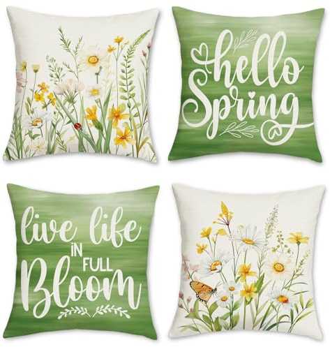 Bonhause Spring Flower Cushion Covers 45 x 45 cm White Yellow Floral Green Leaves Decorative Pillow Covers for Sofa Couch Bed Home Garden Outdoor Decor Set of 4
