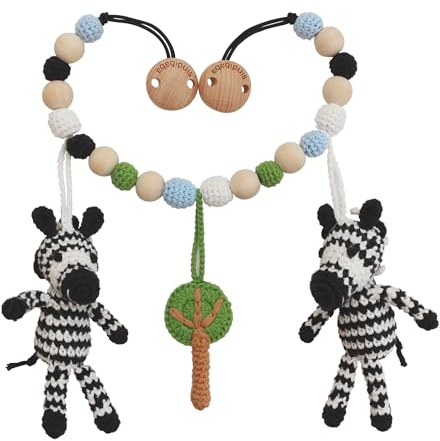 Sindibaba – Multifunktionale Kinderwagenkette Zebra Stripey (50cm, gehäkelt, mit Rasseln) Bio – Nachhaltiges Babyspielzeug mit weichen Häkel-Stofftieren zum Aufhängen am Kinderwagen und Bettchen
