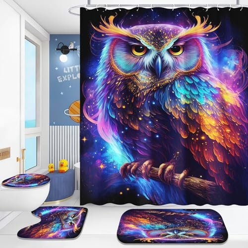 Fadaing Eule Duschvorhang-Sets Aquarell Eule Duschvorhang 180x200 Cartoon Eule Textil Duschvorhänge Polyester Badezimmerteppich 4-teiliges Set Mit 12 Ringen (1,180×180cm)