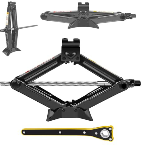 Scissor Jack 2 Tonne Car Jack Tyre Repair Changing Tool, with Ratchet Wrench Easy to Lift Car, Universal Car Jack Lift from 115mm to 390mm, 360 Degree Rotatable Tray, 2 Tone Load Capacity
