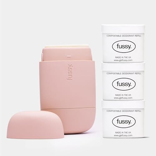 Fussy - Natural Refillable Deodorant - Aluminium Free - 24 Hour Protection - Floral Scent (3 x 40g) & Blush Pink Case - Cedar, Cinnamon and Patchouli - Vegan & Cruelty Free - 100% Natural & Effective