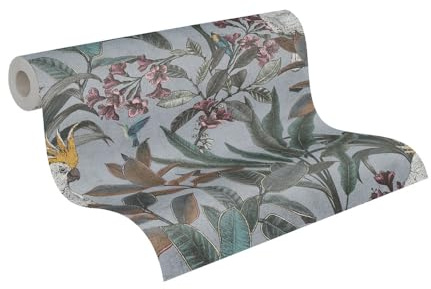 A.S. Création Dschungel-Vliestapete – Grau, Blau, Grün – 0,53 x 10,05 m | Natürliches Dschungel-Motiv als natürlicher Blickfang – matte Motivtapete, einfach zu verkleben & spurlos abziehbar