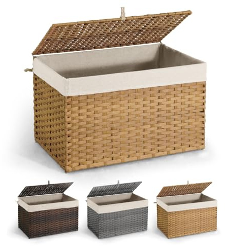 CAPHAUS Handwoven Synthetic Rattan Storage Basket w/Lid, Foldable Clothes Basket with Handles, 2 Removable Liner Bags for Laundry, Large Laundry Basket w/Lid, Laundry Basket w/Lid, 160L, Natural