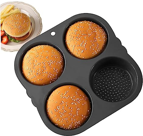 Pesoncarl Hamburger Bun Pan 4 Cavités Hamburger Bun Moule 4 pouces Round Silicone Baking Tray Pain de pain antiadhésif pour l'outil de cuisson Kichen, Moule de cupcakes à muffins Moules